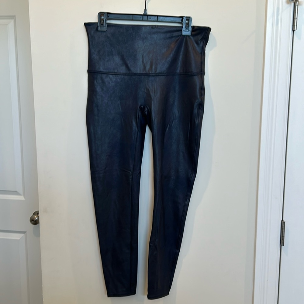 Spanx Women’s Size 1X Faux Leather Dark Navy Blue Metallic Shine Leggings